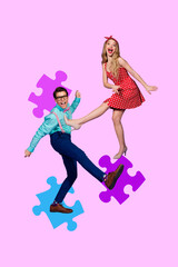 Artwork photo vertical collage of two happy girl guy stand puzzle element development match jigsaw teamwork cooperation plan