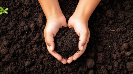 Top view of hands holding soil for environmental awareness and gardening concept