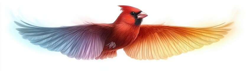 Obraz premium Vibrant Red Cardinal Bird Spreading Wings Against White Background in Stunning Artwork