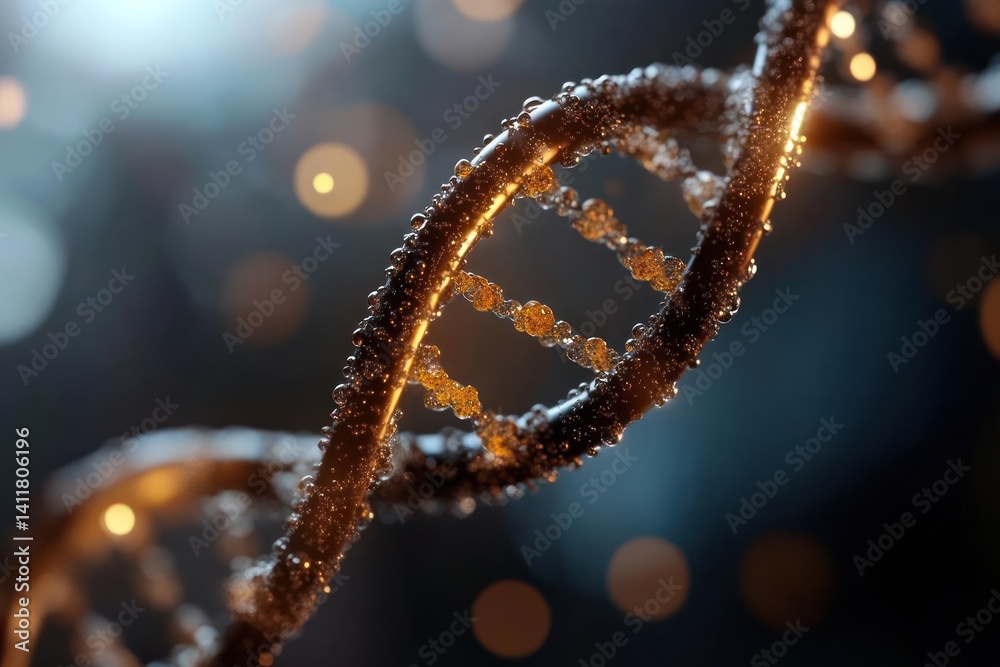 Leinwandbilder a macro shot showcasing a dna structure with golden hues, set against a blurred dark blue background