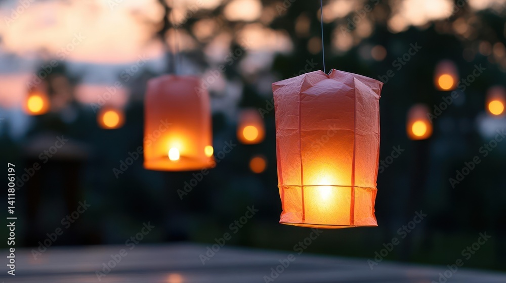Aufkleber close up of illuminated paper lanterns during sunset with blurred background. the lanterns exhibit a
