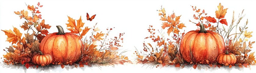 Autumn Harvest Scene with Pumpkins, Colorful Leaves, and Natural Elements for Seasonal Design