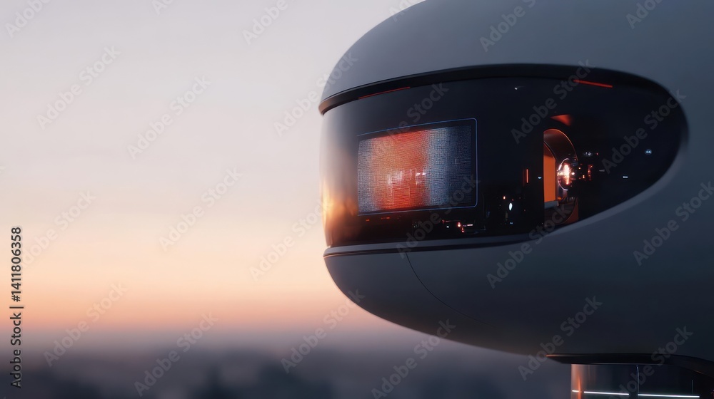Aufkleber a close-up shot features a futuristic white device with a reflective, transparent casing that captur