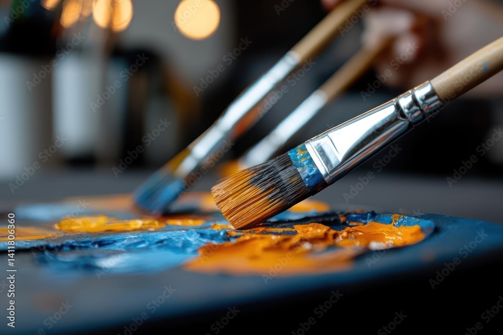 Poster close up shot of three paint brushes laying on the palette with orange and blue paints. the palette 