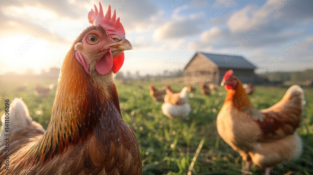 Poster close-up of a brown and red chicken in a grassy field, sun is rising in the background. other chicke