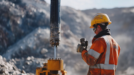 Mining technician supervising drilling process for lithium extraction in remote area. Featuring drill supervision