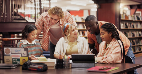 Research, college and tablet with students in library for assignment, reading and study group. University, learning and teamwork with people helping on campus for knowledge, future and project