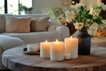 Lit candles and flowers on rustic table creating a warm and inviting ambiance in a cozy living room