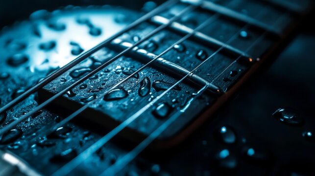 Close-up of electric guitar strings with water droplets on the fretboard, featuring detailed texture of metal wires and moist wood surface for music-themed backgrounds and artistic instrument photogra