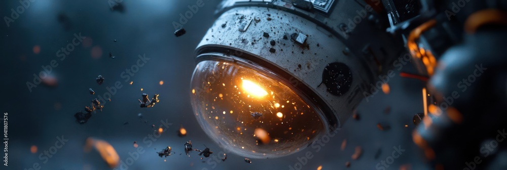 Poster close-up shot of a metallic helmet with a clear visor emitting a bright yellow light, surrounded by 