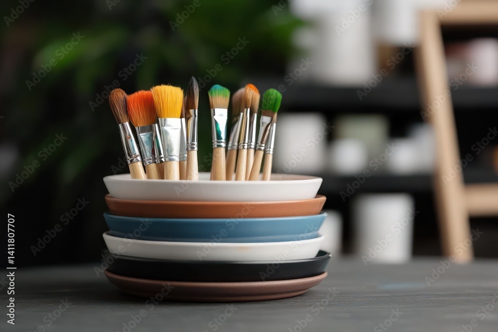 Aufkleber A stack of round plates holds an array of paintbrushes with colorful bristles, set against a blurred background featuring shelves and a leafy plant, creating a visually appealing composition
