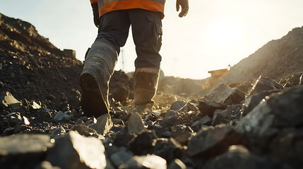 Mining worker clearing debris from the extraction site to improve efficiency. Featuring site preparation