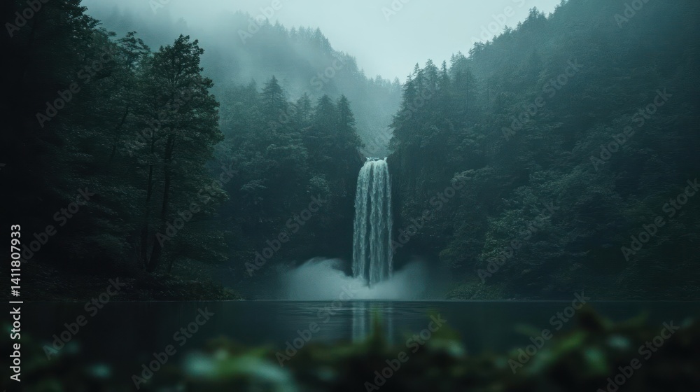 Poster a serene waterfall plunges into a misty pool, surrounded by lush green forest under an overcast sky.