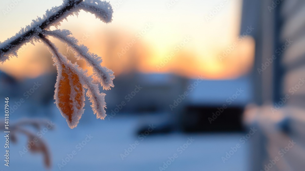Aufkleber close up of frost covered leaf in soft light, showcases the delicate ice crystals and warm hues of t