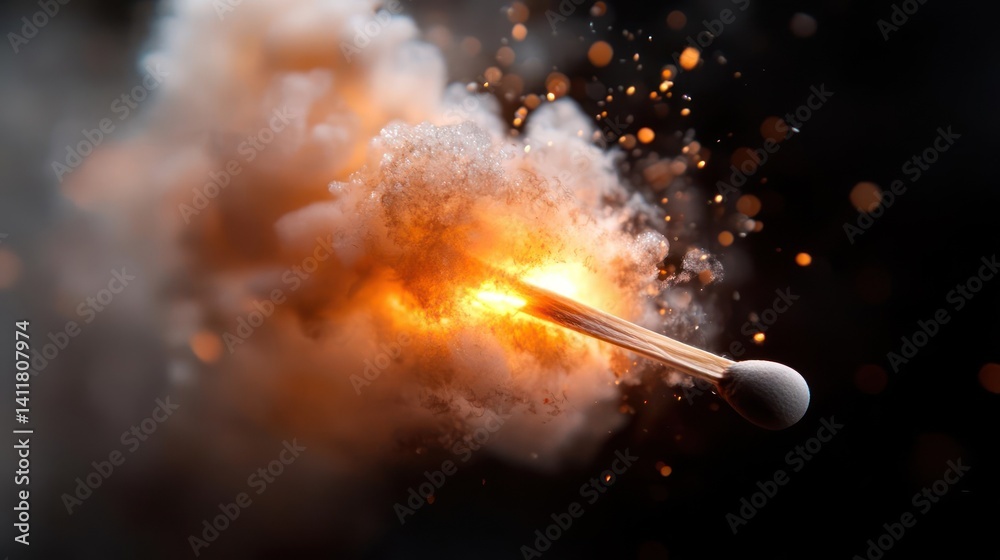 Aufkleber macro shot of burning matchstick against a black background with smoke and sparks. the image capture
