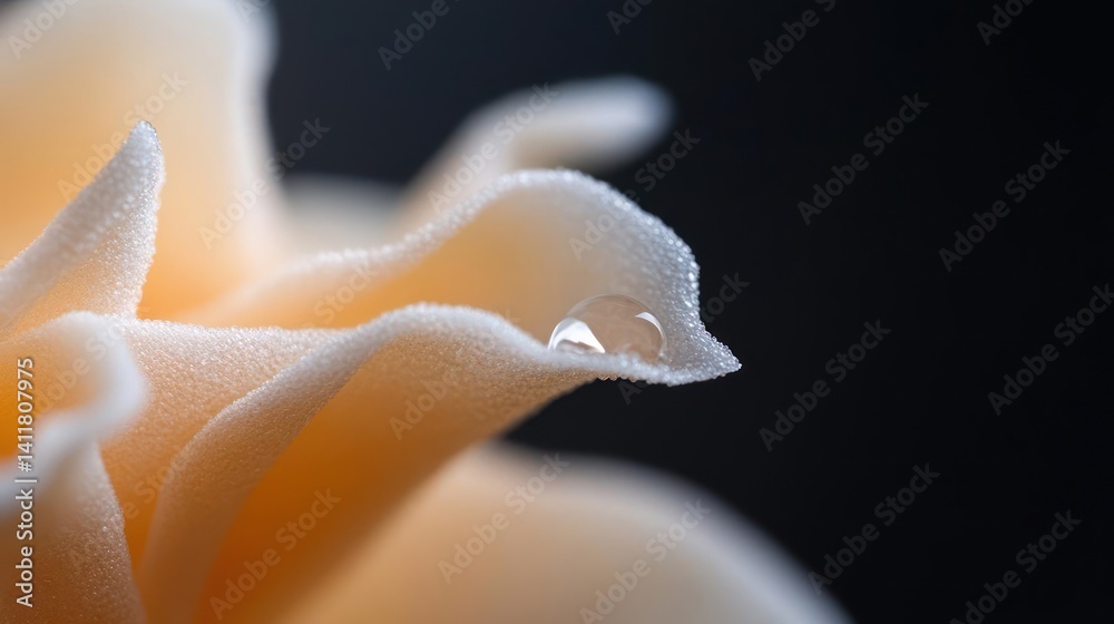 Poster macro shot captures a water droplet clinging to the edge of a pale peach petal, with soft lighting h
