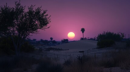 Obraz premium Desert Sunrise, Silhouette Trees, Pink Sky, Small Town Horizon