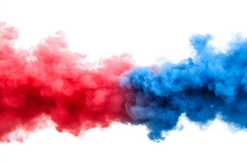 Red and blue smoke clouds collide forming a vibrant abstract design on white background