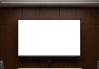 Minimalist meeting room with blank screen for presentation display mockup