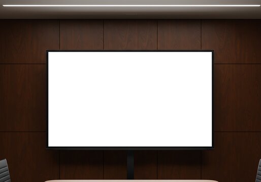Minimalist meeting room with blank screen for presentation display mockup
