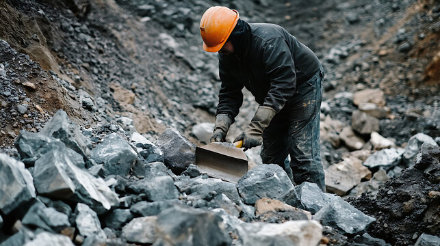 Mining worker removing rock overburden to expose lithium ore at a mining site. Featuring manual excavation