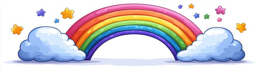 Colorful Rainbow Arching Over Fluffy Clouds with Stylish Stars for Whimsical Designs