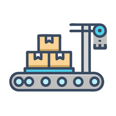 Obraz premium Conveyor Belt with Boxes Icon Representing Packaging and Warehouse Operations