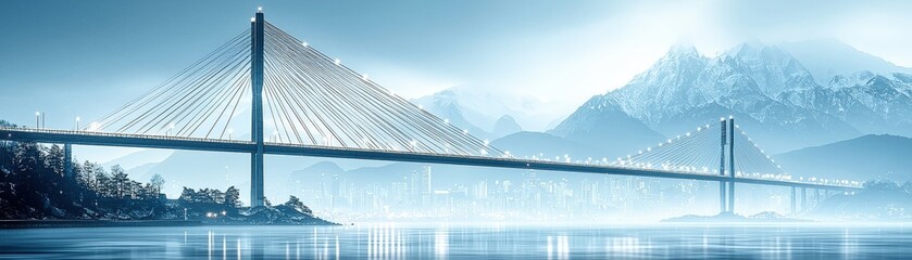 Obraz premium Ethereal Mountain Landscape with Modern Bridge and Misty Water Reflection at Dawn
