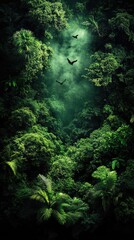 Lush green rainforest view with soaring birds in the misty sky