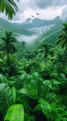 Fototapeta premium A verdant rainforest scene depicting lush vegetation and distant mountains