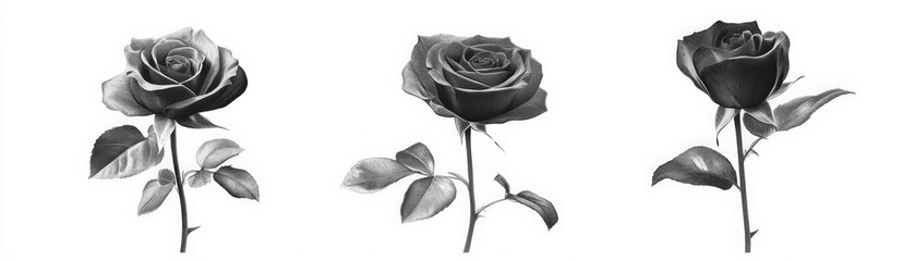 A trio of elegant black roses, their velvety petals unfurling gracefully, accompanied by lush green leaves, all set against a pristine white background that enhances their striking beauty.