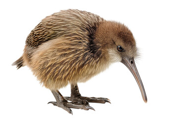 Unique close-up of a young kiwi bird showcasing its distinctive feathers and long beak against a clean white backdrop isolated on transparent background