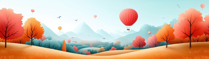 Fototapeta premium Scenic View of Colorful Hot Air Balloons in Vibrant Autumn Landscape with Mountains and Trees