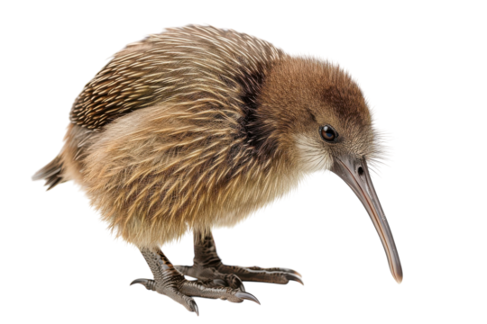 Unique close-up of a young kiwi bird showcasing its distinctive feathers and long beak against a clean white backdrop isolated on transparent background