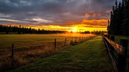 Obraz premium Golden Sunset Over Rural Field Path