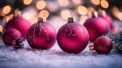 Fototapeta premium A trio of elegant pink Christmas ornaments, each adorned with intricate patterns and shimmering finishes, rests gracefully on a pristine white background, evoking a festive and cheerful atmosphere.