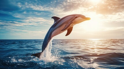 Fototapeta premium A beautiful dolphin is leaping out of the ocean water