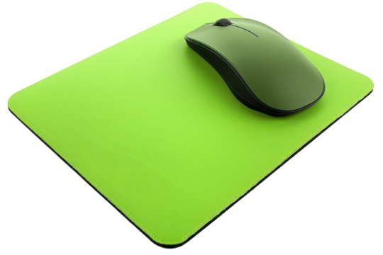 A vibrant green mouse pad and sleek black mouse set on a minimalist desk for a modern workspace aesthetic isolated on transparent background