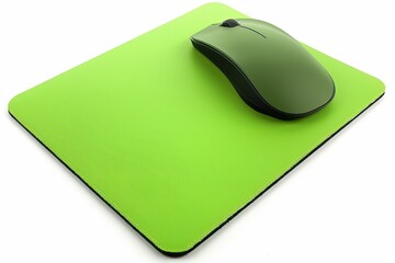 A vibrant green mouse pad and sleek black mouse set on a minimalist desk for a modern workspace aesthetic isolated on transparent background