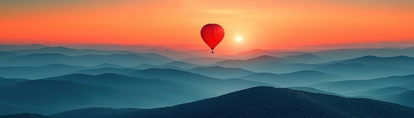 Fototapeta premium Scenic Sunrise Over Mountains with a Red Hot Air Balloon Floating in the Calm Sky