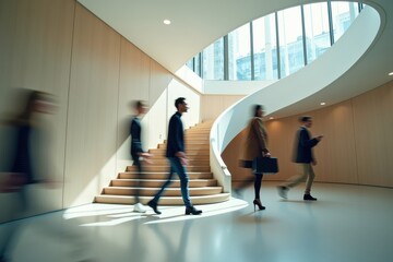 People walking in a building with a spiral staircase.