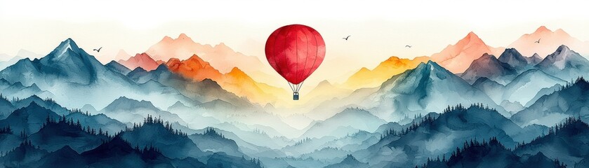 Fototapeta premium Colorful Hot Air Balloon Over Majestic Mountain Range at Sunrise in Watercolor Style
