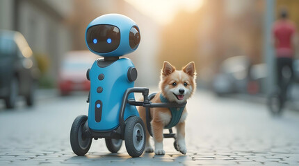 A small blue robot with glowing eyes stands beside a happy puppy in a wheelchair on a paved path