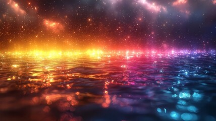 Vibrant cosmic waters reflecting a stunning gradient of colors, creating a mesmerizing and tranquil atmosphere perfect for artistic and commercial use.
