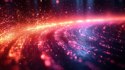 Obraz premium Dynamic swirl of vibrant particles in a cosmic backdrop, creating a mesmerizing visual effect perfect for technology and creative themes.