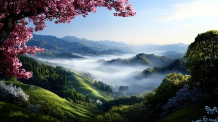 Misty mountain valley framed by cherry blossoms