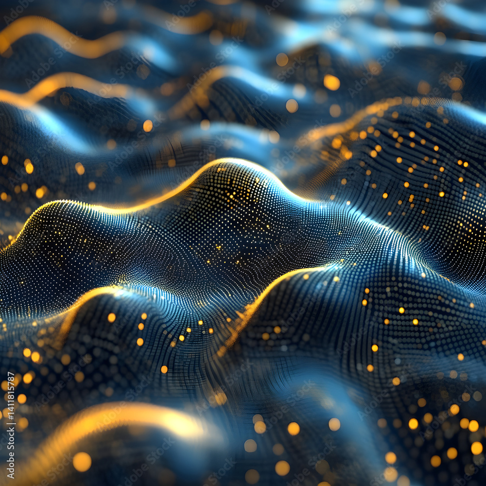 Poster abstract data flow: golden particles illuminate a dynamic, undulating landscape of interconnected no