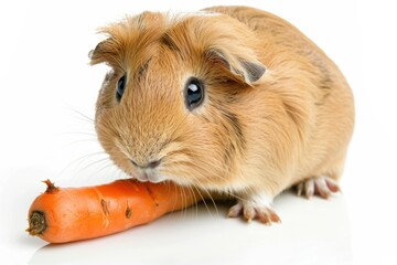 Fototapeta premium Adorable guinea pig munching on a bright orange carrot in a playful indoor setting during a cozy afternoon isolated on transparent background