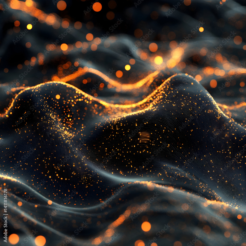 Poster glowing particle waves: abstract dark background with glowing orange particles forming dynamic waves