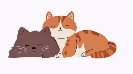 Two adorable cartoon cats peacefully sleeping together on a soft background, evoking comfort and warmth